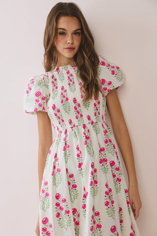 Floral Smocked High Neck Midi Dress