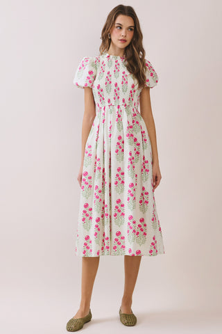 Floral Smocked High Neck Midi Dress