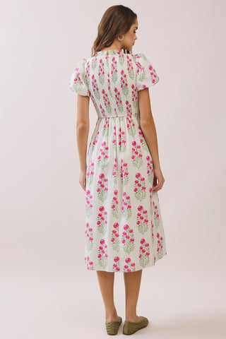 Floral Smocked High Neck Midi Dress