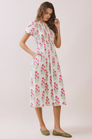 Floral Smocked High Neck Midi Dress