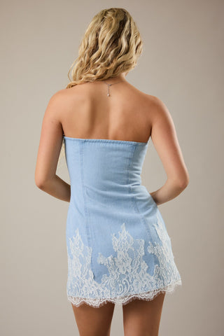 Tube Top Denim Dress with Lace Trim in Light Denim
