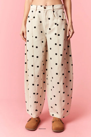 Polka Dot Printed Wide Denim Pants