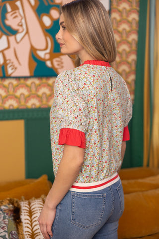 Voy | Contrast Ruffle Striped Band Floral Top