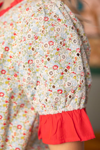 Voy | Contrast Ruffle Striped Band Floral Top