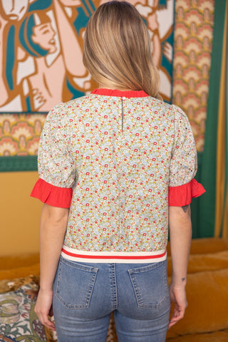 Voy | Contrast Ruffle Striped Band Floral Top