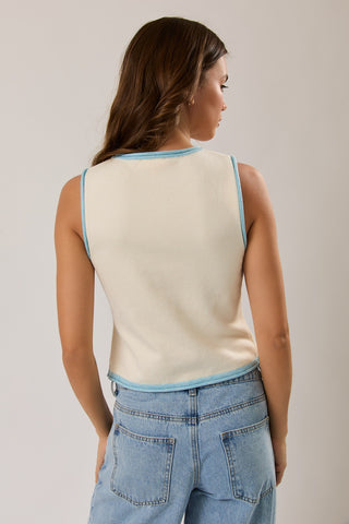 Contrast Edge Detail Round Neck Sweater Top in Cream with Lt Blue