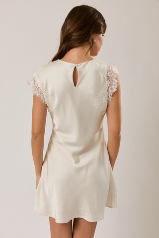 Sleeveless High Neck Lace Trim Detail Dress in Cream