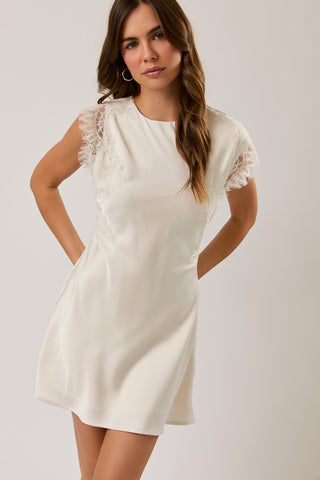 Sleeveless High Neck Lace Trim Detail Dress in Cream