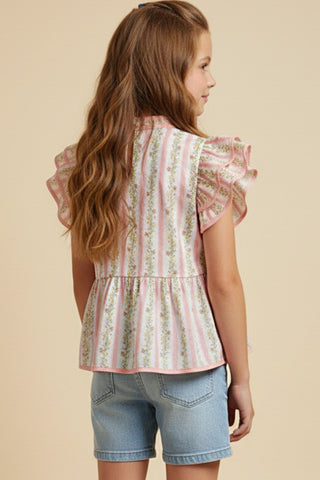 Hayden | Floral Striped Ruffle Shoulder Top
