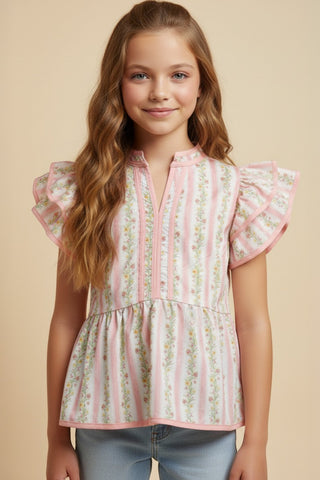 Hayden | Floral Striped Ruffle Shoulder Top