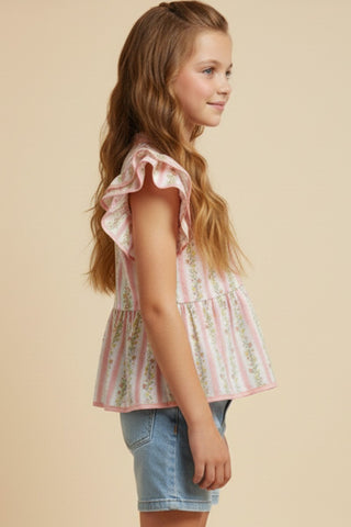 Hayden | Floral Striped Ruffle Shoulder Top