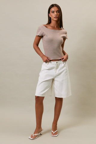 Short Sleeve Stripe Top with Scoop Back in Brown/White Stripe