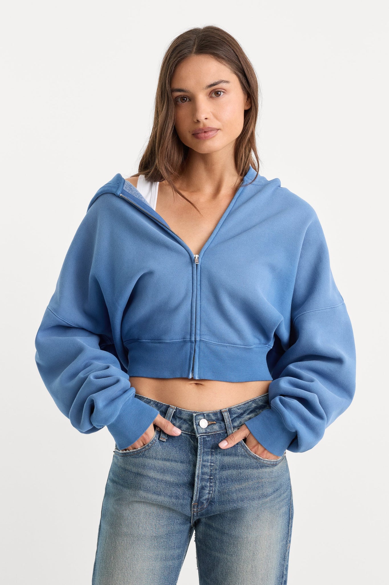 Good American | The Zip Up Sweathshirt in Blue Drift