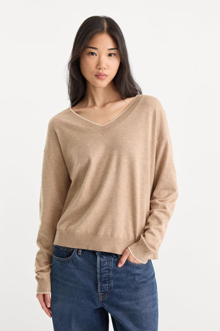 Good American | The Cozy V Neck Sweater in Dune Mist