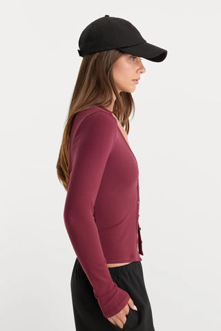 Good American | The Rib V Neck Cardigan in Berry Noir