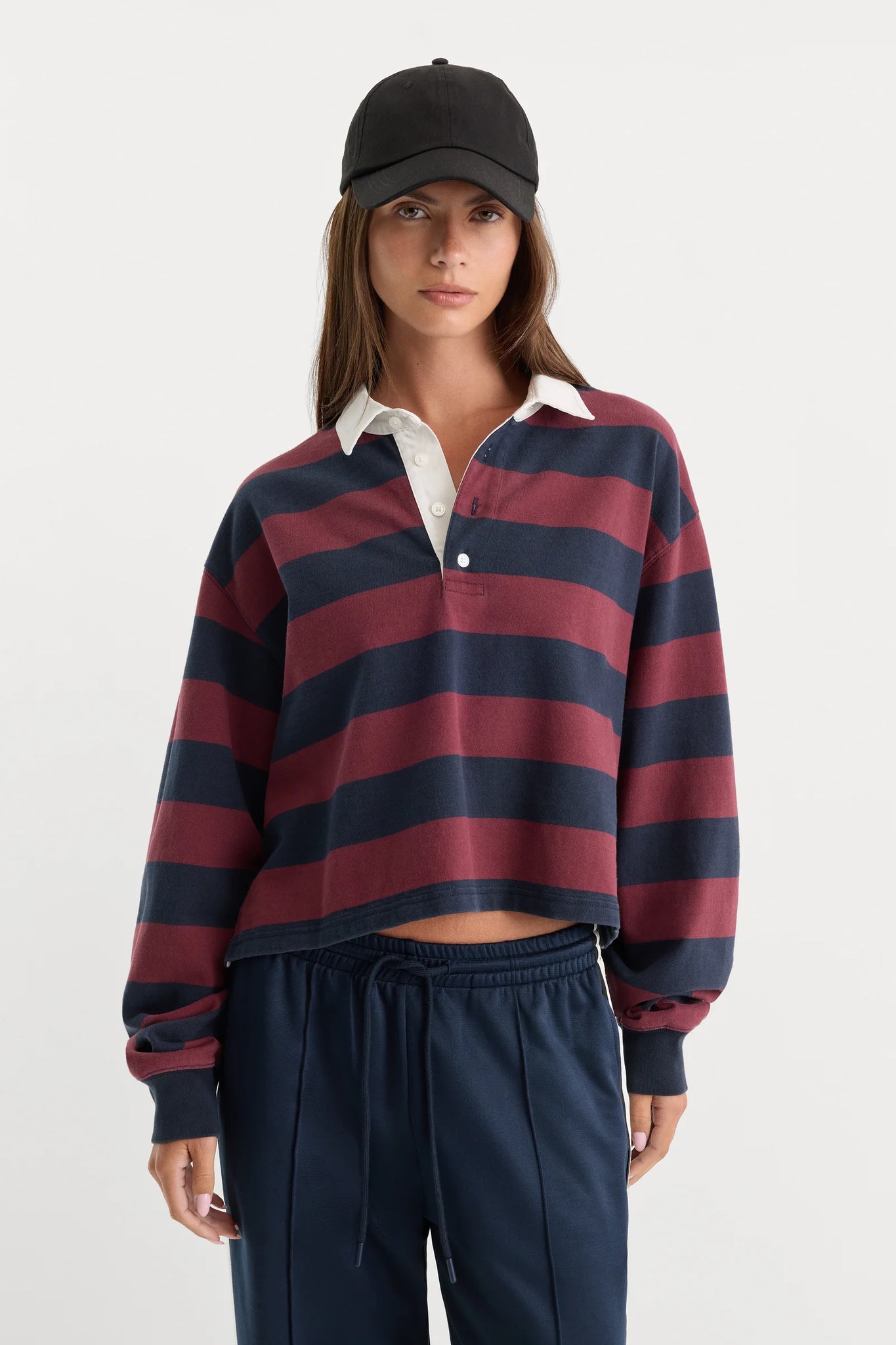 Good American | The Cropped Rugby Polo in Navy/Berry Noir Stripe