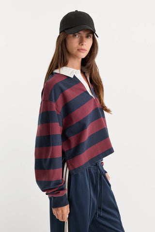 Good American | The Cropped Rugby Polo in Navy/Berry Noir Stripe