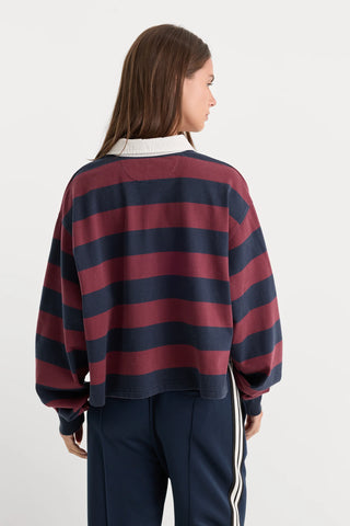 Good American | The Cropped Rugby Polo in Navy/Berry Noir Stripe
