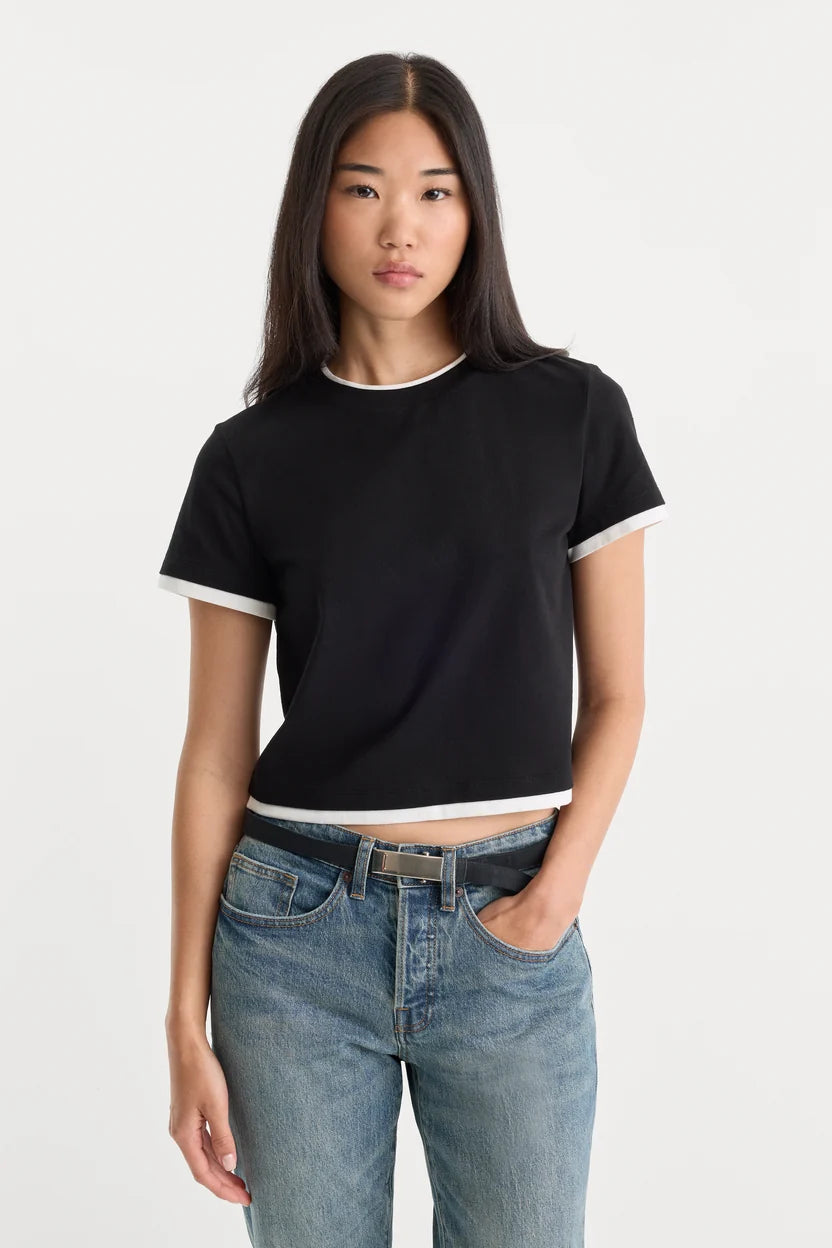 Good American | The Short Sleeve Layered Tee in Black