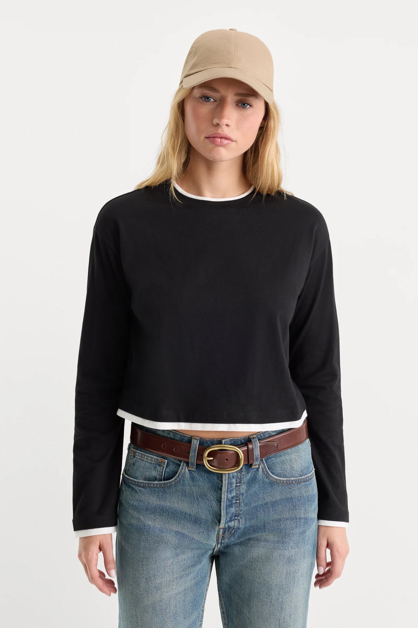 Good American | The Long Sleeve Layered Tee in Black