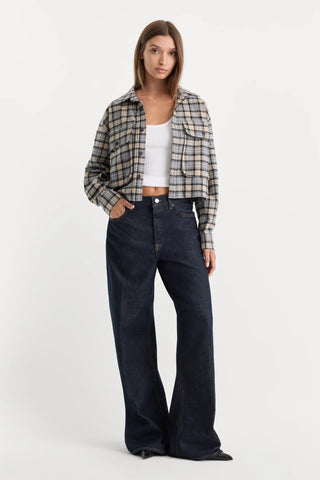 Good American | The Patch Pocket Shirt in Tan Plaid