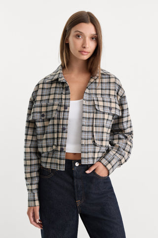 Good American | The Patch Pocket Shirt in Tan Plaid