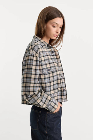 Good American | The Patch Pocket Shirt in Tan Plaid