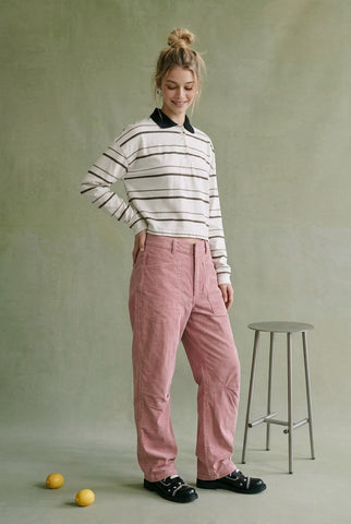 Striped Button Up Pointed Collared Top in Ecru Stripe