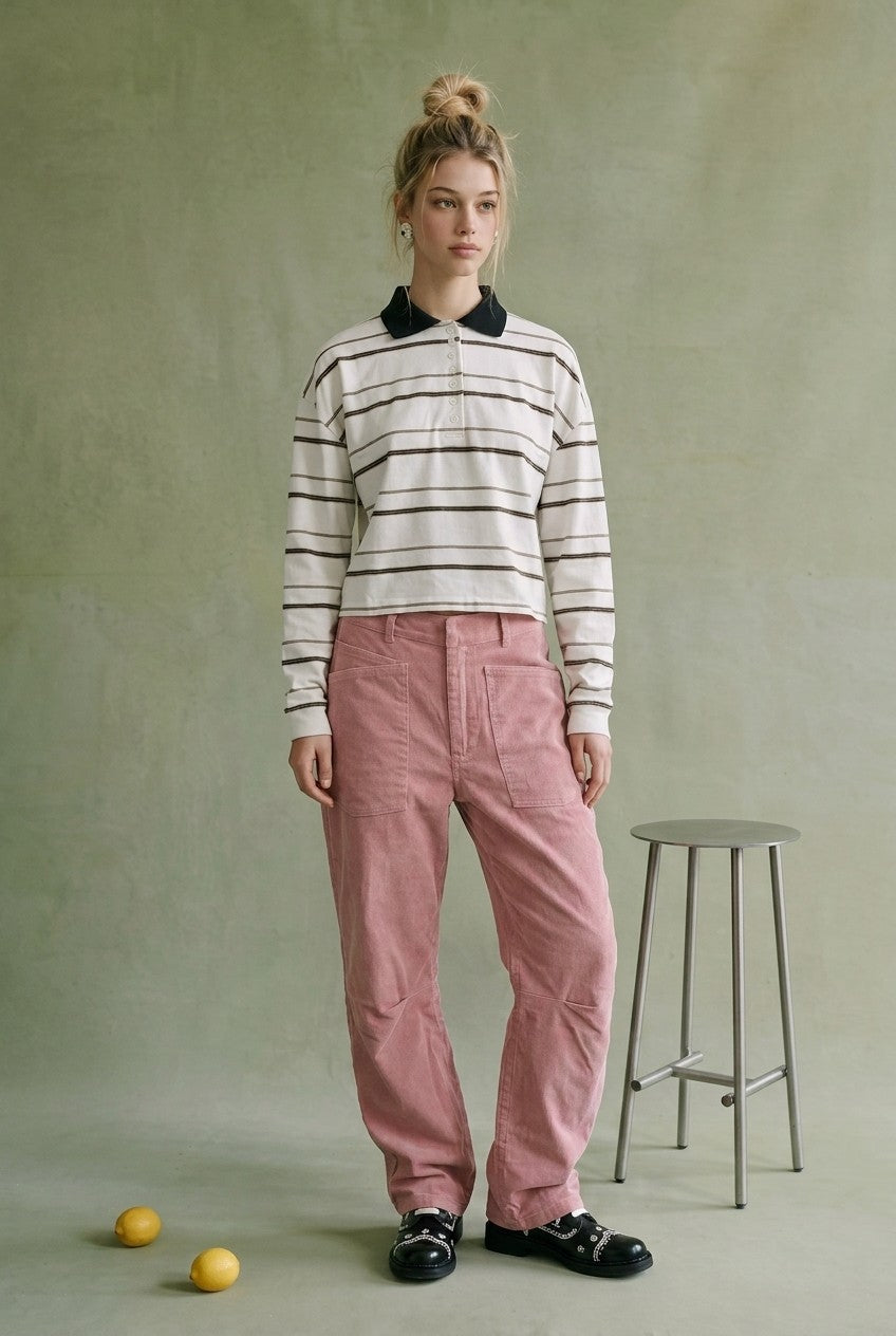 Striped Button Up Pointed Collared Top in Ecru Stripe