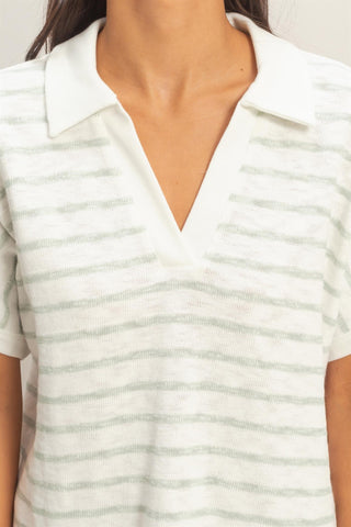 Striped Collared V-Neck Top