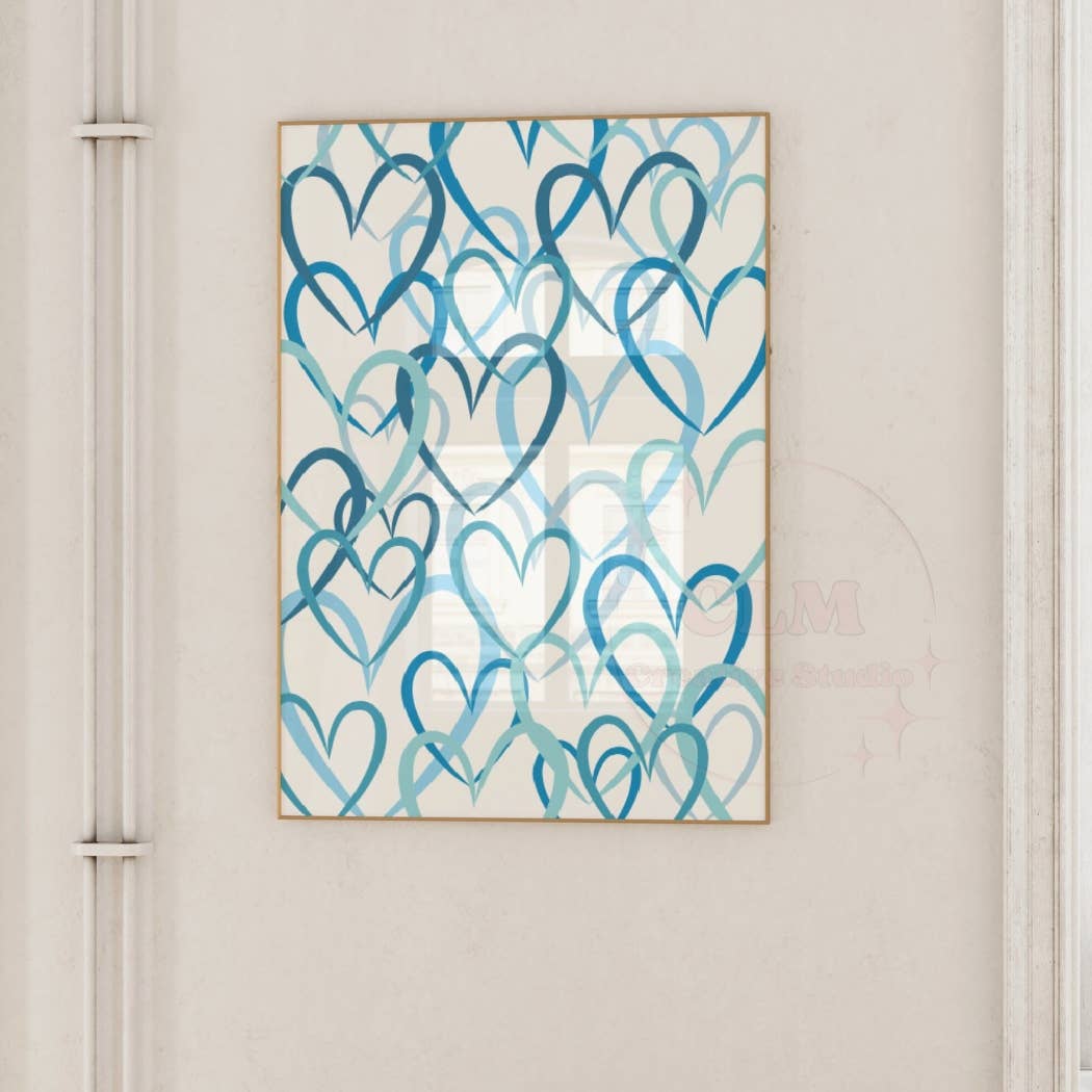 Blue Brushed Hearts Wall Art Prints