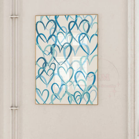 Blue Brushed Hearts Wall Art Prints