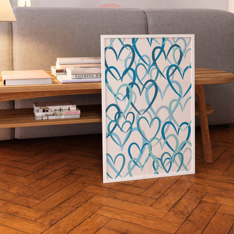 Blue Brushed Hearts Wall Art Prints