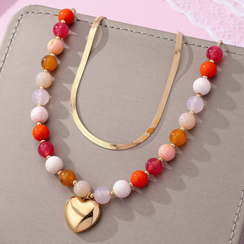 Multi Layered Beaded Heart Charm Necklace