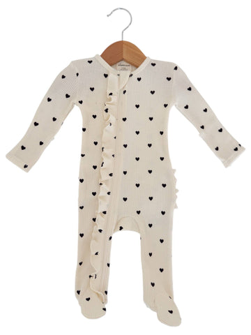 Organic Waffle 2-Way Zip Ruffle Footie, Black Heart