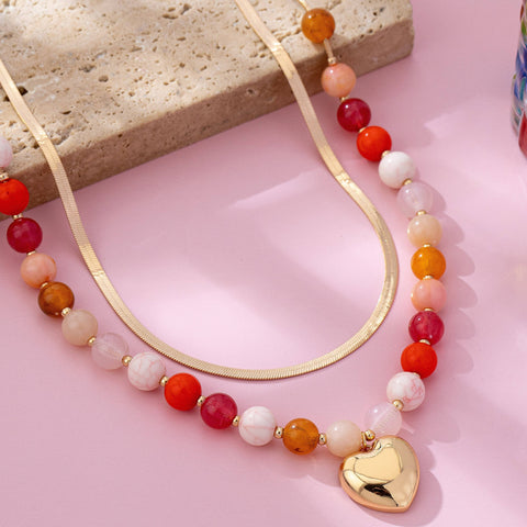 Multi Layered Beaded Heart Charm Necklace