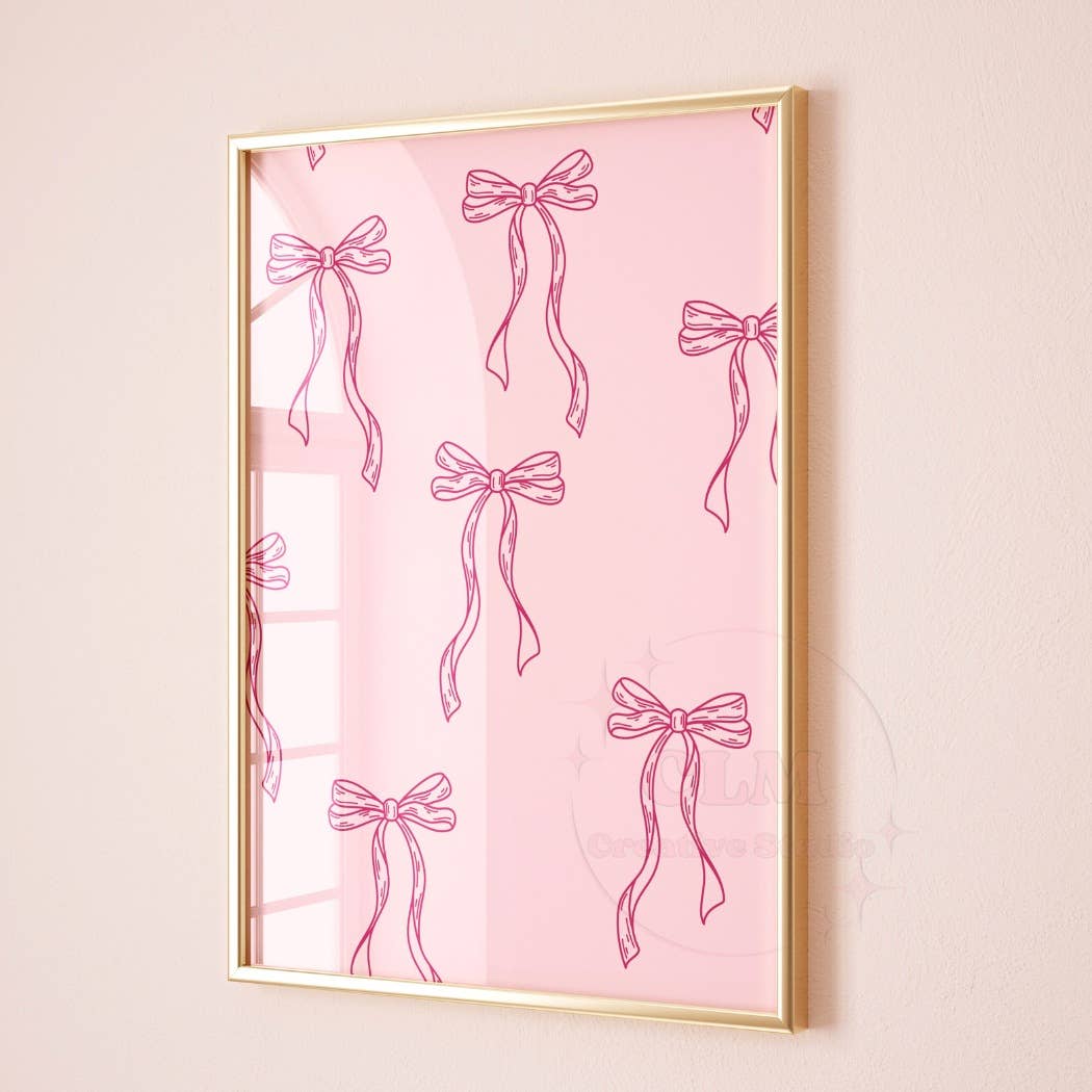 Coquette Pink Bow Minimalist Line Wall Art Prints