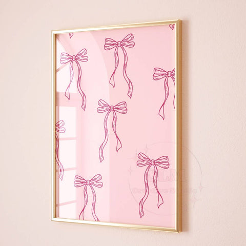 Coquette Pink Bow Minimalist Line Wall Art Prints