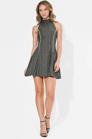 AR | Racie Contrast Pipped Stripe Halter Mini Dress in Charcoal/White