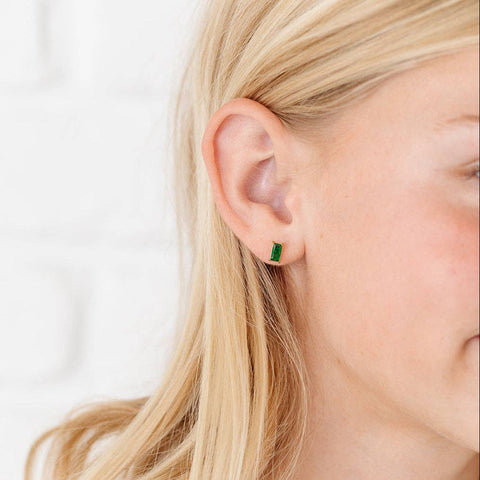Emerald Baguette Stud Earrings - Hypoallergenic, Flat Back