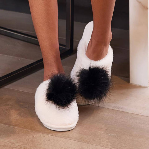 Bella | Plush Slippers - Ivory with Black Pom Pom