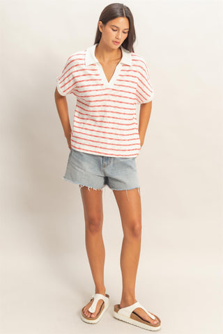 Striped Collared V-Neck Top