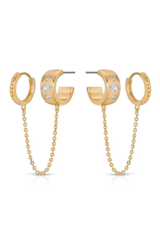 Double Piercing Bezel Crystal Dangle Earrings