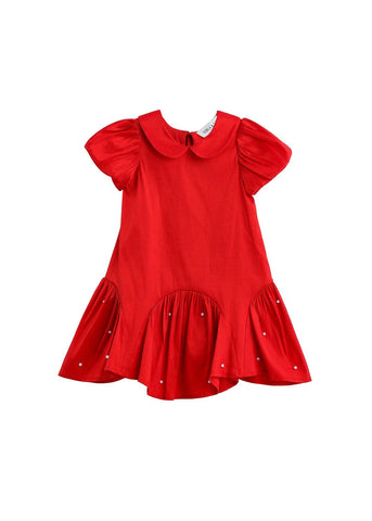 Crimson Glow Short Sleeve Peter Pan Collar Pearl Embellished Dropwaist Dress