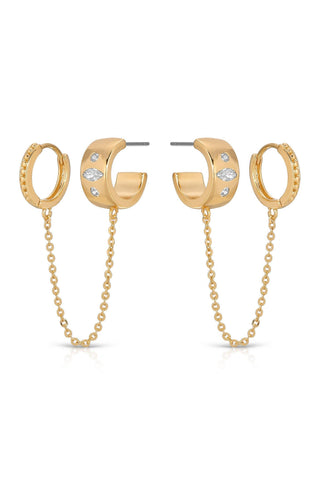 Double Piercing Bezel Crystal Dangle Earrings