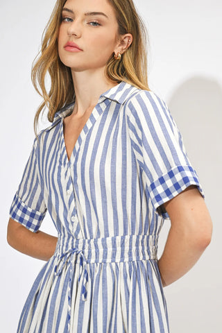 AR | Evette Y/D Striped Short Sleeves Midi Dress in Blue/White