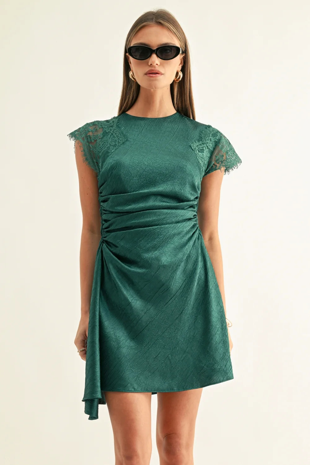 AR | Jordyn Asymmetric Hem Ruched Mini Dress in Dark Teal
