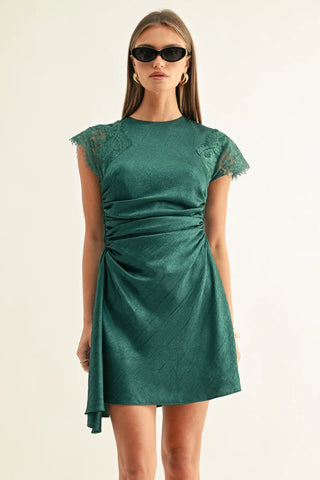 AR | Jordyn Asymmetric Hem Ruched Mini Dress in Dark Teal