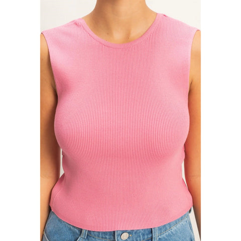Ribbed Crew Neck Sleeveless Open Back