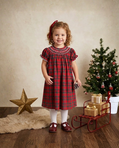 Red Christmas Plaid Smocked Bishop Dress